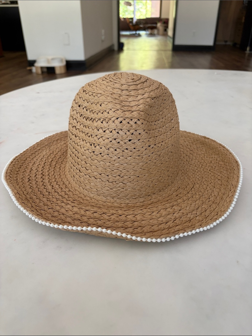 David and Young Straw Wide-Brim Sun Hat with Pearl Trim - Tan
